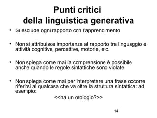 14
Punti critici
della linguistica generativa
• Si esclude ogni rapporto con l’apprendimento
• Non si attribuisce importan...