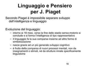 16
Linguaggio e Pensiero
per J. Piaget
Secondo Piaget è impossibile separare sviluppo
dell’intelligenza e linguaggio
Evolu...