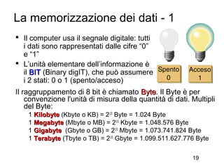 La memorizzazione dei dati - 1
 Il computer usa il segnale digitale: tutti
  i dati sono rappresentati dalle cifre “0”
  e “1”
 L’unità elementare dell’informazione è
  il BIT (Binary digIT), che può assumere
  i 2 stati: 0 o 1 (spento/acceso)
Il raggruppamento di 8 bit è chiamato Byte. Il Byte è per
                                         Byte
    convenzione l'unità di misura della quantità di dati. Multipli
    del Byte:
    1 Kilobyte (Kbyte o KB) = 210 Byte = 1.024 Byte
    1 Megabyte (Mbyte o MB) = 210 Kbyte = 1.048.576 Byte
    1 Gigabyte (Gbyte o GB) = 210 Mbyte = 1.073.741.824 Byte
    1 Terabyte (Tbyte o TB) = 210 Gbyte = 1.099.511.627.776 Byte

                                                          19
 