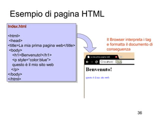 Esempio di pagina HTML
Index.html
 Index.html

<html>
 <html>
<head>                                    Il Browser interpreta i tag
 <head>
<title>La mia prima pagina web</title>    e formatta il documento di
 <title>La mia prima pagina web</title>
<body>                                    conseguenza
 <body>
   <h1>Benvenuto!</h1>
    <h1>Benvenuto!</h1>
   <p style=“color:blue”>
    <p style=“color:blue”>
   questo è ililmio sito web
    questo è mio sito web
  </p>
   </p>
</body>
 </body>
</html>
 </html>




                                                            36
 