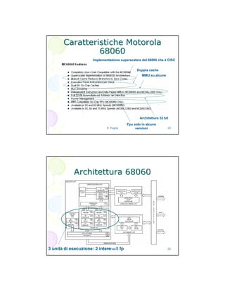 P. Foglia 19
CaratteristicheCaratteristiche MotorolaMotorola
6806068060
Implementazione superscalare del 68000 che è CISCImplementazione superscalare del 68000 che è CISC
Doppia cacheDoppia cache
MMU su alcuneMMU su alcune
Architettura 32 bitArchitettura 32 bit
FpuFpu solo in alcunesolo in alcune
versioniversioni
P. Foglia 20
Architettura 68060Architettura 68060
3 unità di esecuzione: 2 intere3 unità di esecuzione: 2 intere –– 11 fpfp
 