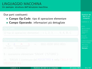 Gestione dei
dati in un
computer
Lezione n. 4
CPU
Breve storia
Struttura
Memoria -
CPU
Stored-
program
LINGUAGGIO
MACCHINA
Risc-Cisc
Istruzioni
Esempio
LINGUAGGIO MACCHINA
Un esempio- struttura dell'istruzione macchina
Due parti costituenti:
Campo Op-Code: tipo di operazione elementare
Campo Operando: informazioni più dettagliate
Op-Code
12 tipi di operazioni elementari 1, 2, 3, · · · , 9, A, B, C
Operando: esempio
3
OP-CODE
4 A 3
OPERANDO
= 0011 0100 1010 0011
3 : operazione elementare SALVA (STORE)
⇔ SALVA il contenuto del REGISTRO 4 nella CELLA DI
MEMORIA A3 
Lezione n. 4 Gestione dei dati in un computer 22 marzo 2013 11 / 11
 