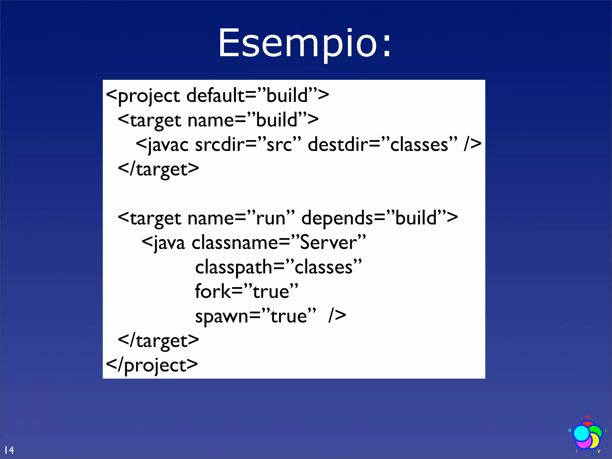Esempio:
     <project default=”build”>
      <target name=”build”>
        <javac srcdir=”src” destdir=”classes” />
      </target>

      <target name=”run” depends=”build”>
         <java classname=”Server”
               classpath=”classes”
               fork=”true”
               spawn=”true” />
      </target>
     </project>


14
 