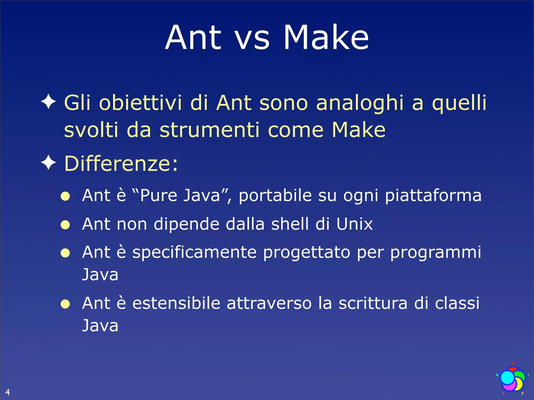 Ant vs Make
    ✦ Gli obiettivi di Ant sono analoghi a quelli
      svolti da strumenti come Make
    ✦ Differenze:
     •   Ant è “Pure Java”, portabile su ogni piattaforma
     •   Ant non dipende dalla shell di Unix
     •   Ant è specificamente progettato per programmi
         Java
     •   Ant è estensibile attraverso la scrittura di classi
         Java


4
 