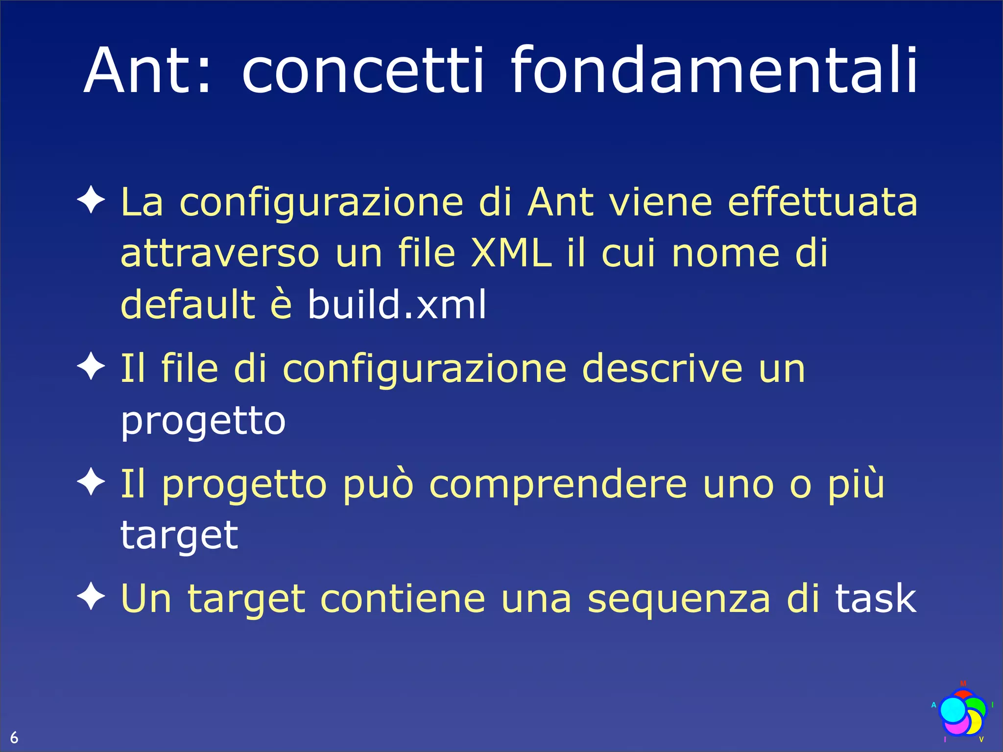 Ant: concetti fondamentali
    ✦ La configurazione di Ant viene effettuata
      attraverso un file XML il cui nome di
      default è build.xml
    ✦ Il file di configurazione descrive un
      progetto
    ✦ Il progetto può comprendere uno o più
      target
    ✦ Un target contiene una sequenza di task


6
 