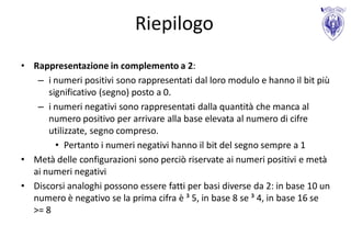 Riepilogo
• Rappresentazione in complemento a 2:
   – i numeri positivi sono rappresentati dal loro modulo e hanno il bit più
      significativo (segno) posto a 0.
   – i numeri negativi sono rappresentati dalla quantità che manca al
      numero positivo per arrivare alla base elevata al numero di cifre
      utilizzate, segno compreso.
        • Pertanto i numeri negativi hanno il bit del segno sempre a 1
• Metà delle configurazioni sono perciò riservate ai numeri positivi e metà
  ai numeri negativi
• Discorsi analoghi possono essere fatti per basi diverse da 2: in base 10 un
  numero è negativo se la prima cifra è ³ 5, in base 8 se ³ 4, in base 16 se
  >= 8
 