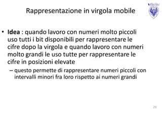 Rappresentazione in virgola mobile

• Idea : quando lavoro con numeri molto piccoli
  uso tutti i bit disponibili per rappresentare le
  cifre dopo la virgola e quando lavoro con numeri
  molto grandi le uso tutte per rappresentare le
  cifre in posizioni elevate
  – questo permette di rappresentare numeri piccoli con
    intervalli minori fra loro rispetto ai numeri grandi



                                                           29
 