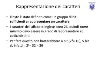 Rappresentazione dei caratteri
• Il byte è stato definito come un gruppo di bit
  sufficienti a rappresentare un carattere.
• I caratteri dell'alfabeto inglese sono 26, quindi come
  minimo devo essere in grado di rappresentare 26
  codici distinti.
• Per fare questo non basterebbero 4 bit (24= 16), 5 bit
  sì, infatti : 25= 32 > 26
 