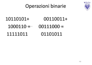 Operazioni binarie

10110101+      00110011+
 1000110 =   00111000 =
11111011      01101011




                            46
 