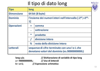 Il tipo di dato long
Tipo              long
Dimensione        64 bit (8 byte)
Dominio           l'insieme dei numeri interi nell'intervallo [-263,+263-
                  1]
Operazioni          + somma
                     - sottrazione
                   * prodotto
                   / divisione intera
                   % resto della divisione intera
Letterali         sequenze di cifre terminate con una l o L che
                  denotano valori del dominio (es.9000000000L)

      long a,b;              // Dichiarazione di variabile di tipo long
      a = 9000000000L;       // Uso di letterali
      b = a+1;       // Espressione aritmetica
                                                                            12
 