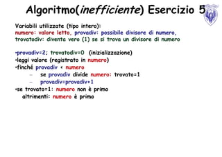 Algoritmo(inefficiente) Esercizio 5
Variabili utilizzate (tipo intero):
numero: valore letto, provadiv: possibile divisore di numero,
trovatodiv: diventa vero (1) se si trova un divisore di numero

•provadiv=2; trovatodiv=0 (inizializzazione)‫‏‬
•leggi valore (registrato in numero)‫‏‬
•finché provadiv < numero
      – se provadiv divide numero: trovato=1
      – provadiv=provadiv+1
•se trovato=1: numero non è primo
   altrimenti: numero è primo
 