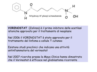 O
N
H

N
N-hydroxy-N'-phenyl-octanediamide

O

H
OH

VORINOSTAT (Zolinza) è il primo inibitore delle acetilasi
istoniche approvato per il trattamento di neoplasie
Nel 2006 il VORINOSTAT è stato approvato per il
trattamento del linfoma a cellule T cutaneo
Esistono studi preclinici che indicano una attività
antinfiammatoria del vorinostat
Nel 2007 ricerche presso la Mayo Clinics hanno dimostrato
che il Vorinostat è efficace nel glioblastoma ricorrente

 