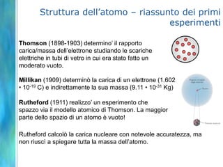 Thomson (1898-1903) determino’ il rapporto carica/massa dell’elettrone studiando le scariche elettriche in tubi di vetro in cui era stato fatto un moderato vuoto.Struttura dell’atomo – riassunto dei primi esperimentiMillikan (1909) determinò la carica di un elettrone (1.602 • 10-19 C) e indirettamente la sua massa (9.11•10-31 Kg)Rutheford (1911) realizzo’ un esperimento che spazzo via il modello atomico di Thomson. La maggior parte dello spazio di un atomo è vuoto! Ruthefordcalcolò la carica nucleare con notevole accuratezza, ma non riuscì a spiegare tutta la massa dell’atomo.
