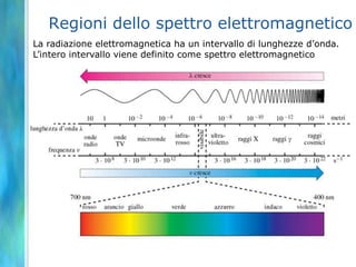 Regioni dello spettro elettromagneticoLa radiazione elettromagnetica ha un intervallo di lunghezze d’onda. L’intero intervallo viene definito come spettro elettromagnetico