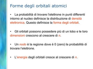 n limita ℓ e il numero di valori possibili di ℓ è uguale ad nmnumero quantico magnetico	Valori consentiti: interi da –ℓ a + ℓ incluso lo 0 (0, ±1, ±2, …, ± ℓ)