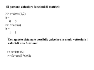 Si possono calcolare funzioni di matrici:

>> a=zeros(1,2)
a=
  0 0
>> b=cos(a)
b=
  1 1

 Con questo sistema è possibile calcolare in modo vettoriale i
 valori di una funzione:

 >> x=1:0.1:2;
 >> fx=cos(3*x)+2;
 