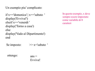 Un esempio piu’ complicato:

if x=='domenica' | x=='sabato '    In questo esempio, x deve
                                   sempre essere impostato
display('Evviva!')                 come variabile di 8
elseif x=='venerdi '               caratteri
display('Torno a casa')
else
display('Vado al Dipartimento')
end

Se imposto:       >> x='sabato '


 ottengo:          ans =
                   Evviva!
 