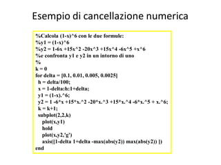Esempio di cancellazione numerica
%Calcola (1-x)^6 con le due formule:
%y1 = (1-x)^6
%y2 = 1-6x +15x^2 -20x^3 +15x^4 -6x^5 +x^6
%e confronta y1 e y2 in un intorno di uno
%
k=0
for delta = [0.1, 0.01, 0.005, 0.0025]
 h = delta/100;
 x = 1-delta:h:1+delta;
 y1 = (1-x).^6;
 y2 = 1 -6*x +15*x.^2 -20*x.^3 +15*x.^4 -6*x.^5 + x.^6;
 k = k+1;
 subplot(2,2,k)
   plot(x,y1)
   hold
   plot(x,y2,'g')
   axis([1-delta 1+delta -max(abs(y2)) max(abs(y2)) ])
end
 