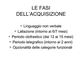 LE FASI
DELL’ACQUISIZIONE
• Linguaggio non verbale
• Lallazione (intorno ai 6/7 mesi)
• Periodo olofrastico (dai 12 ai 15 mesi)
• Periodo telegrafico (intorno ai 2 anni)
• Opzionalità delle categorie funzionali

 