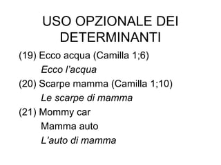 USO OPZIONALE DEI
DETERMINANTI
(19) Ecco acqua (Camilla 1;6)
Ecco l’acqua
(20) Scarpe mamma (Camilla 1;10)
Le scarpe di mamma
(21) Mommy car
Mamma auto
L’auto di mamma

 