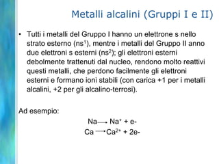 Metalli alcalini (Gruppi I e II)
• Tutti i metalli del Gruppo I hanno un elettrone s nello
  strato esterno (ns1), mentre i metalli del Gruppo II anno
  due elettroni s esterni (ns2); gli elettroni esterni
  debolmente trattenuti dal nucleo, rendono molto reattivi
  questi metalli, che perdono facilmente gli elettroni
  esterni e formano ioni stabili (con carica +1 per i metalli
  alcalini, +2 per gli alcalino-terrosi).

Ad esempio:
                      Na     Na+ + e-
                     Ca     Ca2+ + 2e-
 