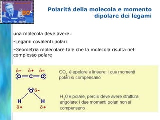 Polarità della molecola e momento
                               dipolare dei legami


una molecola deve avere:
-Legami covalenti polari
-Geometria molecolare tale che la molecola risulta nel
complesso polare
 