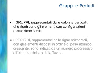 Gruppi e Periodi


• I GRUPPI, rappresentati dalle colonne verticali,
  che riuniscono gli elementi con configurazioni
  elettroniche simili;

   I PERIODI, rappresentati dalle righe orizzontali,
    con gli elementi disposti in ordine di peso atomico
    crescente, sono indicati da un numero progressivo
    all’estrema sinistra della Tavola.
 