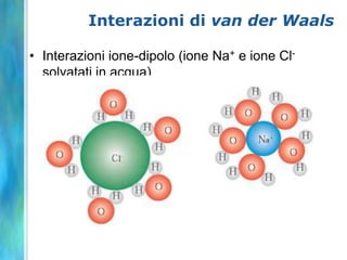 Interazioni di van der Waals

• Interazioni ione-dipolo (ione Na+ e ione Cl-
  solvatati in acqua)
 