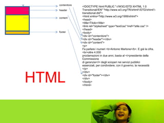 header content footer contenitore <!DOCTYPE html PUBLIC "-//W3C//DTD XHTML 1.0 Transitional//EN" "http://www.w3.org/TR/xhtml1/DTD/xhtml1-transitional.dtd"> <html xmlns="http://www.w3.org/1999/xhtml"> <head> <title>Titolo</title> <link rel="stylesheet" type="text/css" href="stile.css" /> </head> <body> <div id="contenitore"> <div id="header"></div> <div id="content"> <p> Fa parlare i numeri <b>Antonio Martone</b>. E già la cifra, <br>oltre 4.000  proclamazioni in due anni, basta al <i>presidente della Commissione  di garanzia</i> degli scioperi nei servizi pubblici  essenziali, per condividere, con il governo, la necessità </p> </div> <div id="footer"></div> </div> </body> </html> HTML 