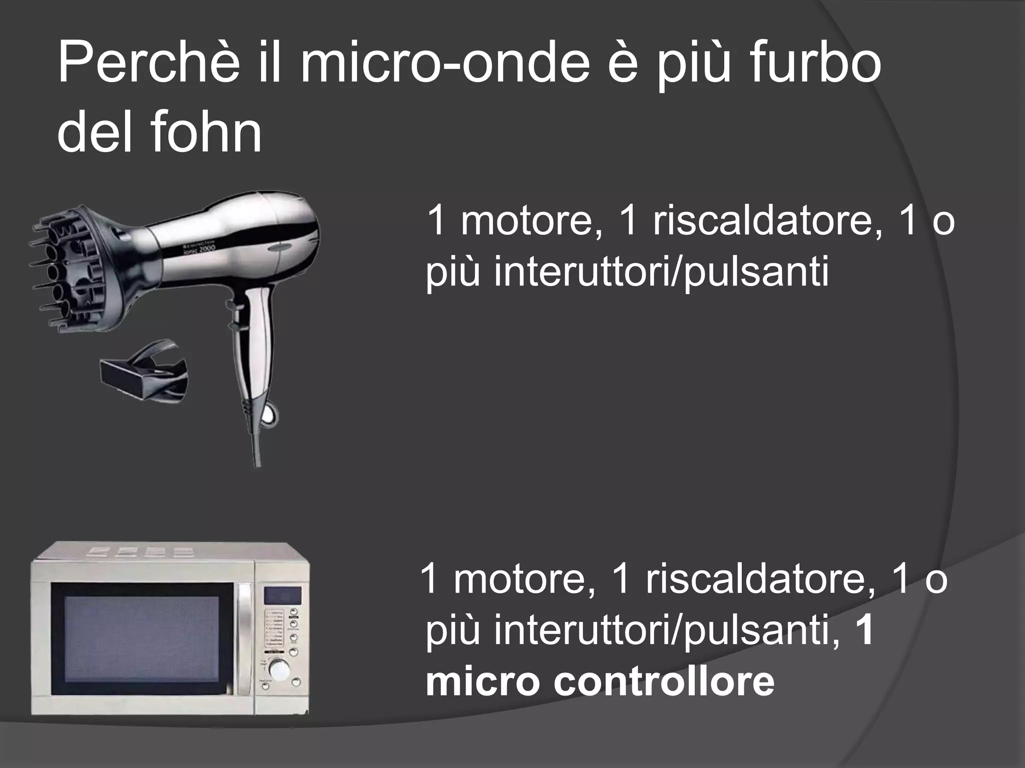 Perchè il micro-onde è più furbo del fohn1 motore, 1 riscaldatore, 1 o  più interuttori/pulsanti  1 motore, 1 riscaldatore, 1 o  più interuttori/pulsanti, 1 micro controllore