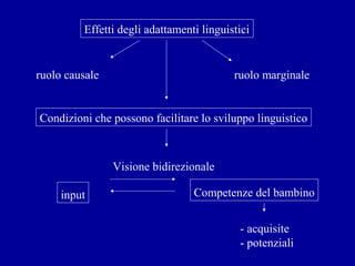 Effetti degli adattamenti linguistici

ruolo causale

ruolo marginale

Condizioni che possono facilitare lo sviluppo linguistico

Visione bidirezionale
input

Competenze del bambino
- acquisite
- potenziali

 