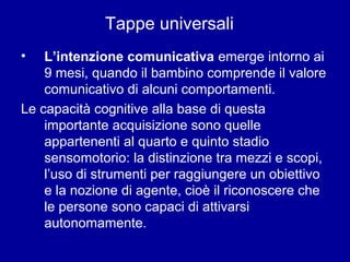Tappe universali
•

L’intenzione comunicativa emerge intorno ai
9 mesi, quando il bambino comprende il valore
comunicativo di alcuni comportamenti.
Le capacità cognitive alla base di questa
importante acquisizione sono quelle
appartenenti al quarto e quinto stadio
sensomotorio: la distinzione tra mezzi e scopi,
l’uso di strumenti per raggiungere un obiettivo
e la nozione di agente, cioè il riconoscere che
le persone sono capaci di attivarsi
autonomamente.

 