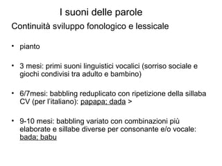I suoni delle parole
Continuità sviluppo fonologico e lessicale
• pianto
• 3 mesi: primi suoni linguistici vocalici (sorriso sociale e
giochi condivisi tra adulto e bambino)
• 6/7mesi: babbling reduplicato con ripetizione della sillaba
CV (per l’italiano): papapa; dada >
• 9-10 mesi: babbling variato con combinazioni più
elaborate e sillabe diverse per consonante e/o vocale:
bada; babu

 