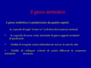 Il gioco simbolico
Il gioco

simbolico è caratterizzato da quattro aspetti:

la ca pa cità di a gire “come s e ” a l di fuori de l conte s to norma le
•·

la ca pa cità di us a re come ma te ria le di gioco ogge tti s os titutivi
di que lli re a li

•·

l’a bilità di e s e guire a zioni a bitua lme nte me s s e in a tto da a ltri

•·
l’a bilità di colle ga re s che mi di a zioni diffe re nti in s e que nze
te ma tiche
ricorre nti.

 