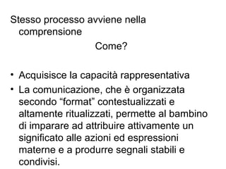 Stesso processo avviene nella
comprensione
Come?
• Acquisisce la capacità rappresentativa
• La comunicazione, che è organizzata
secondo “format” contestualizzati e
altamente ritualizzati, permette al bambino
di imparare ad attribuire attivamente un
significato alle azioni ed espressioni
materne e a produrre segnali stabili e
condivisi.

 