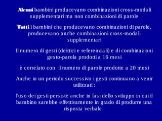 Alcuni ba mbini produce va no combina zioni cros s -moda li
s upple me nta ri ma non combina zioni di pa role
 

Tutti i ba mbini che produce va no combina zioni di pa role ,
produce va no a nche combina zioni cros s -moda li
s upple me nta ri
Il nume ro di ge s ti (de ittici e re fe re nzia li) e di combina zioni
ge s to-pa rola prodotti a 16 me s i
è corre la to con il nume ro di pa role prodotte a 20 me s i
Anche in un pe riodo s ucce s s ivo i ge s ti continua no a ve nir
utilizza ti :
l'us o de i ge s ti pe rs is te a nche in fa s i de llo s viluppo in cui il
ba mbino s a re bbe e ffe ttiva me nte in gra do di produrre una
ris pos ta ve rba le

 
