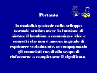Pertanto
la modalità gestuale nello sviluppo
normale sembra avere la funzione di
aiutare il bambino a comunicare idee e
concetti che non è ancora in grado di
esprimere verbalmente, accompagnando
gli enunciati vocali allo scopo di
rinforzarne o completarne il significato.

 