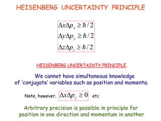 HEISENBERG UNCERTAINTY PRINCIPLE
/ 2
/ 2
/ 2
x
y
z
x p
y p
z p
  
  
  
We cannot have simultaneous knowledge
of ‘conjugate’ variables such as position and momenta.
HEISENBERG UNCERTAINTY PRINCIPLE.
0
y
x p
  
Note, however,
Arbitrary precision is possible in principle for
position in one direction and momentum in another
etc
 