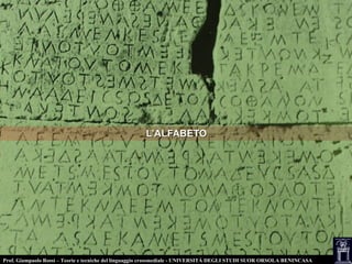 L’ALFABETOL’ALFABETO
Prof. Giampaolo Rossi – Teorie e tecniche del linguaggio crossmediale - UNIVERSITÀ DEGLI STUDI SUOR ORSOLA BENINCASA
 