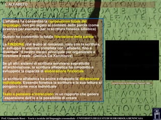 Prof. Giampaolo Rossi – Teorie e tecniche del linguaggio crossmediale - UNIVERSITÀ DEGLI STUDI SUOR ORSOLA BENINCASA
L’ALFABETOL’ALFABETO
L’alfabeto ha consentito la riproduzione totale del
linguaggio, non più legato al contesto della parola (come
avveniva per esempio per la scrittura fonetica sillabica)
Questo ha consentito la totale liberazione della parola
La FINZIONE (dal teatro al romanzo), nata con la scrittura,
si sviluppa in maniera completa con l’alfabeto, fino a
diventare “il nostro mezzo principale per organizzare e
inventare il reale” (Derrick De Kerckhove)
Se gli altri sistemi di scrittura servivano soprattutto
all’archiviazione, la scrittura alfabetica ha introdotto e
sviluppato la capacità di elaborazione finzionale
La scrittura alfabetica ha anche sviluppato la dimensione
individuale. Essendo fonetica la scrittura e la sua lettura si
pongono come voce individuale
Testo e pensiero s’intrecciano in un rapporto che genera
l’espansione dell’io e la possibilità di creare
La sotira infinita, di Wolgang Petersen, 1984La sotira infinita, di Wolgang Petersen, 1984
 