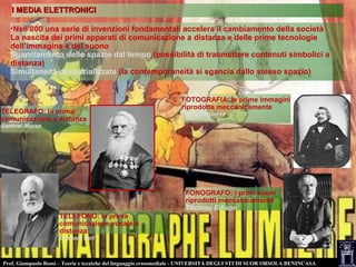 Prof. Giampaolo Rossi – Teorie e tecniche del linguaggio crossmediale - UNIVERSITÀ DEGLI STUDI SUOR ORSOLA BENINCASA
I MEDIA ELETTRONICII MEDIA ELETTRONICI
•Nell’800 una serie di invenzioni fondamentali accelera il cambiamento della società
La nascita dei primi apparati di comunicazione a distanza e delle prime tecnologie
dell’immagine e del suono
Sganciamento dello spazio dal tempo (possibilità di trasmettere contenuti simbolici a
distanza)
Simultaneità despazializzata (la contemporaneità si sgancia dallo stesso spazio)
TELEGRAFO: la prima
comunicazione a distanza
Samuel Morse
FOTOGRAFIA: le prime immagini
riprodotte meccanicamente
Louis Daguerre
TELEFONO: la prima
comunicazione vocale a
distanza
Graham Bell
FONOGRAFO: i primi suoni
riprodotti meccanicamente
Thomas Edison
 