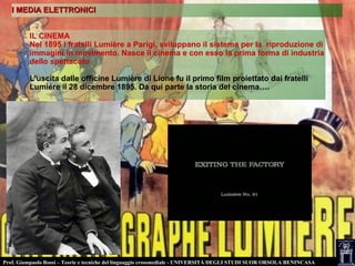 Prof. Giampaolo Rossi – Teorie e tecniche del linguaggio crossmediale - UNIVERSITÀ DEGLI STUDI SUOR ORSOLA BENINCASA
I MEDIA ELETTRONICII MEDIA ELETTRONICI
IL CINEMA
Nel 1895 i fratelli Lumière a Parigi, sviluppano il sistema per la riproduzione di
immagini in movimento. Nasce il cinema e con esso la prima forma di industria
dello spettacolo
L'uscita dalle officine Lumière di Lione fu il primo film proiettato dai fratelli
Lumiére il 28 dicembre 1895. Da qui parte la storia del cinema….
 