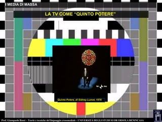 Prof. Giampaolo Rossi – Teorie e tecniche del linguaggio crossmediale - UNIVERSITÀ DEGLI STUDI SUOR ORSOLA BENINCASA
I MEDIA DI MASSAI MEDIA DI MASSA
LA TV COME “QUINTO POTERE”
Quinto Potere, di Sidney Lumet, 1976
 