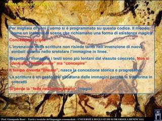 PRIMA DELLA SCRITTURAPRIMA DELLA SCRITTURA
Per migliaia di anni l’uomo si è programmato su questo codice. Il mondo
come un insieme di scene che richiamano una forma di esistenza magica
Concezione ciclica
L’invenzione della scrittura non risiede tanto nell’invenzione di nuovi
simboli quanto nello srotolare l’immagine in linee.
Rispetto al’immagine i testi sono più lontani dal vissuto concreto. Non si
deve più “immaginare” ma “concepire”
Il tempo diventa “lineare”, nasce la concezione storica e progressiva.
La scrittura è un gesto che allontana dalle immagini perché le trasforma in
concetti
Si perde la “fede nell’immaginario” (magia)
Prof. Giampaolo Rossi – Teorie e tecniche del linguaggio crossmediale - UNIVERSITÀ DEGLI STUDI SUOR ORSOLA BENINCASA
 