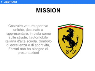 1 - ABSTRACT

MISSION
Costruire vetture sportive
uniche, destinate a
rappresentare, in pista come
sulle strade, l'automobile
italiana d'alta scuola. Simbolo
di eccellenza e di sportività,
Ferrari non ha bisogno di
presentazioni

 