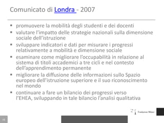ComunicatodiPraga - 2001Tre nuovi obiettivi oltre a quelli previsti da Bologna:Formazione continua e ricorrentePartecipazione degli studentiPromozione dell’attrattiva del sistema della formazione superiore europea