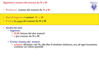 Algoritmo: somma dei numeri da N a M

• Problema: somma dei numeri da N a M

• Dati di ingresso: i numeri N e M
• Uscita: la somma dei numeri da N a M

• Analisi dei dati
   – Ingresso:
       • N,M: lettura dei due numeri
       • i: per contare da N a M

   – Uscita: somma dei numeri
      • somma: all’inizio vale N, alla fine il risultato richiesto, ma ad ogni iterazione
        contiene un valore parziale
 