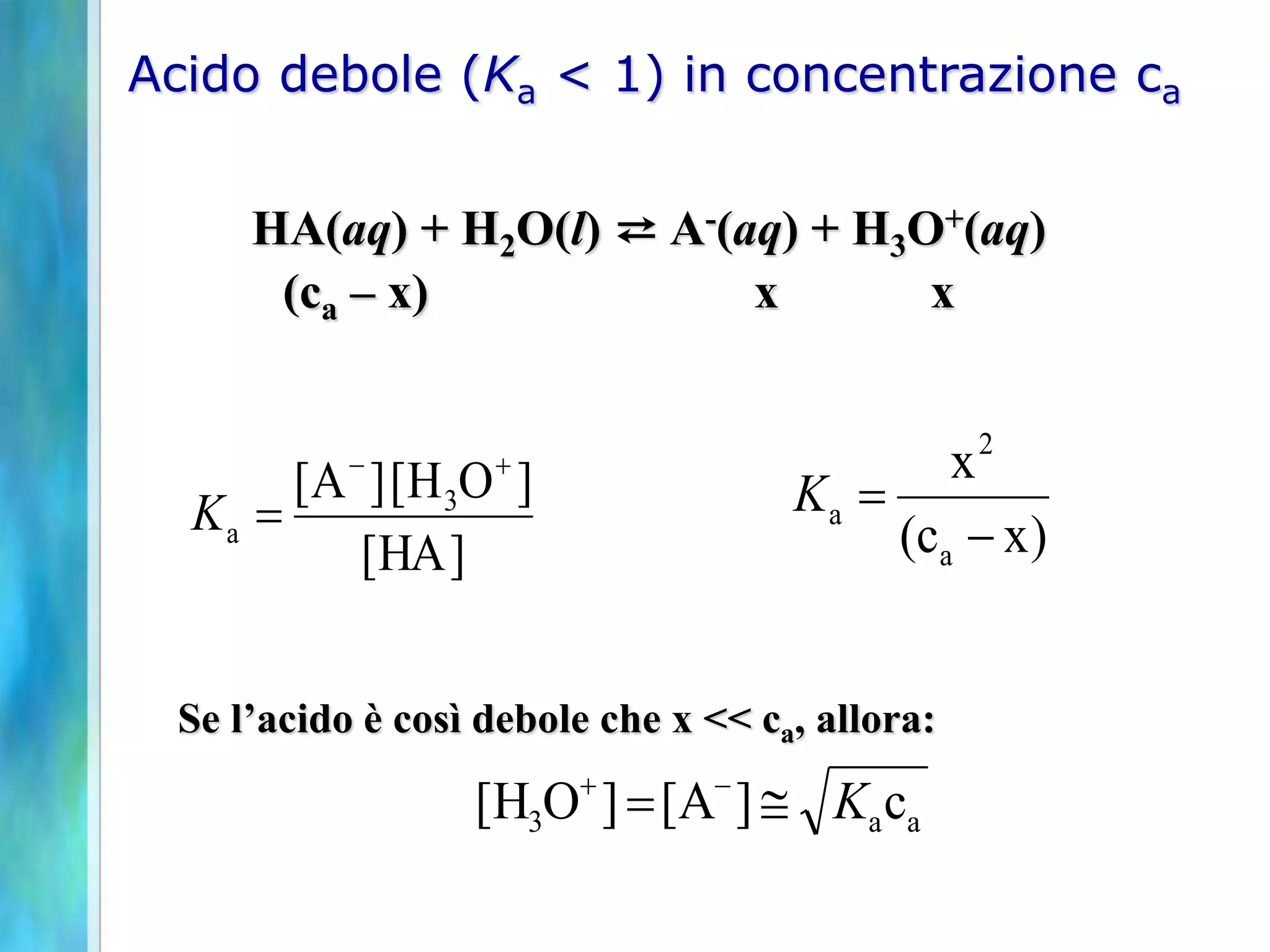 Acido debole (Ka < 1) in concentrazione ca
HA(aq) + H2O(l) ⇄ A-(aq) + H3O+(aq)
(ca – x) x x
]
HA
[
]
O
H
[
]
A
[ 3
a

-

K )
x
c
(
x
a
2
a
-

K
Se l’acido è così debole che x << ca, allora:
a
a
3 c
]
[A
]
O
[H K

 -

 
