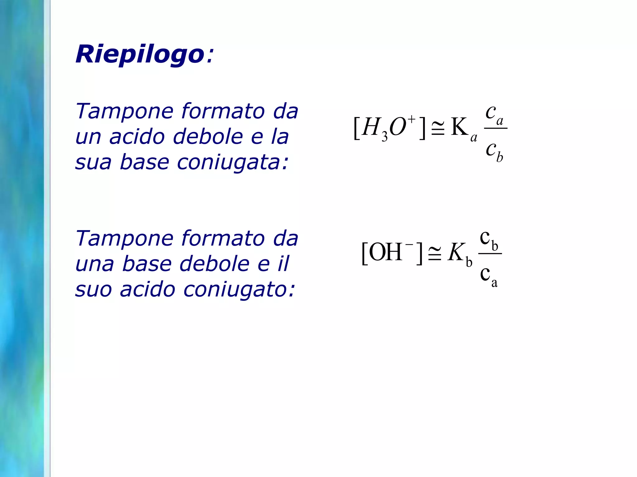 Riepilogo:
Tampone formato da
un acido debole e la
sua base coniugata:
Tampone formato da
una base debole e il
suo acido coniugato:
b
a
a
c
c
O
H K
]
[ 3 

a
b
b
c
c
]
OH
[ K

-
 