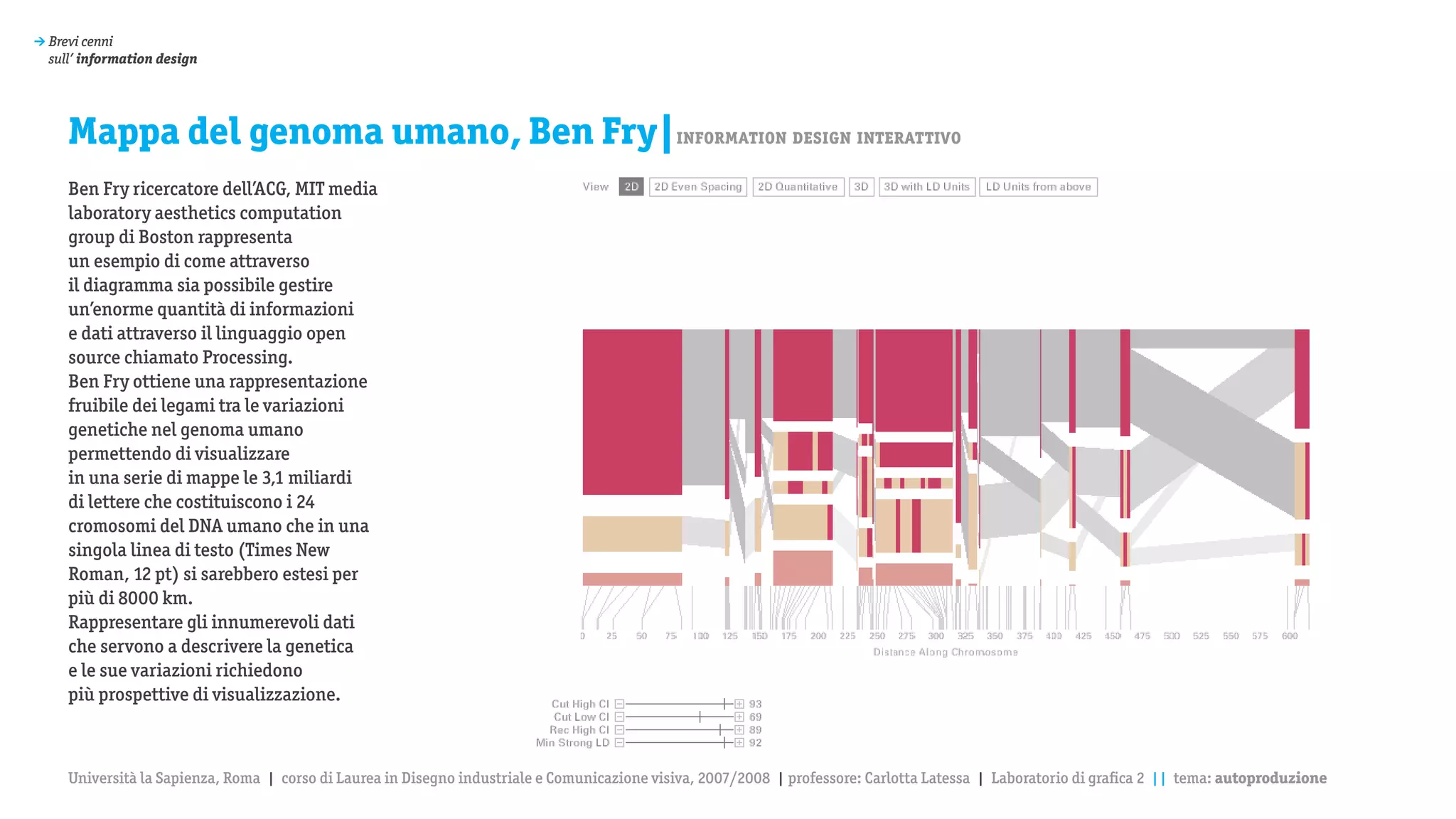 > Brevi cenni
  sull’ information design




     Mappa del genoma umano, Ben Fry|information design interattivo
     Ben Fry ricercatore dell’ACG, MIT media
     laboratory aesthetics computation
     group di Boston rappresenta
     un esempio di come attraverso
     il diagramma sia possibile gestire
     un’enorme quantità di informazioni
     e dati attraverso il linguaggio open
     source chiamato Processing.
     Ben Fry ottiene una rappresentazione
     fruibile dei legami tra le variazioni
     genetiche nel genoma umano
     permettendo di visualizzare
     in una serie di mappe le 3,1 miliardi
     di lettere che costituiscono i 24
     cromosomi del DNA umano che in una
     singola linea di testo (Times New
     Roman, 12 pt) si sarebbero estesi per
     più di 8000 km.
     Rappresentare gli innumerevoli dati
     che servono a descrivere la genetica
     e le sue variazioni richiedono
     più prospettive di visualizzazione.



     Università la Sapienza, Roma | corso di Laurea in Disegno industriale e Comunicazione visiva, 2007/2008 | professore: Carlotta Latessa | Laboratorio di grafica 2 || tema: autoproduzione
 